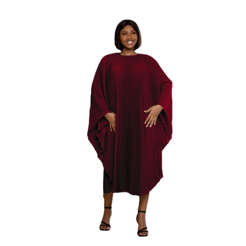 

Loose Pleated Dress for Women Summer Modest O Neck Cloak Sleeve Elegant Casual Large Size Party Ocassion Gowns