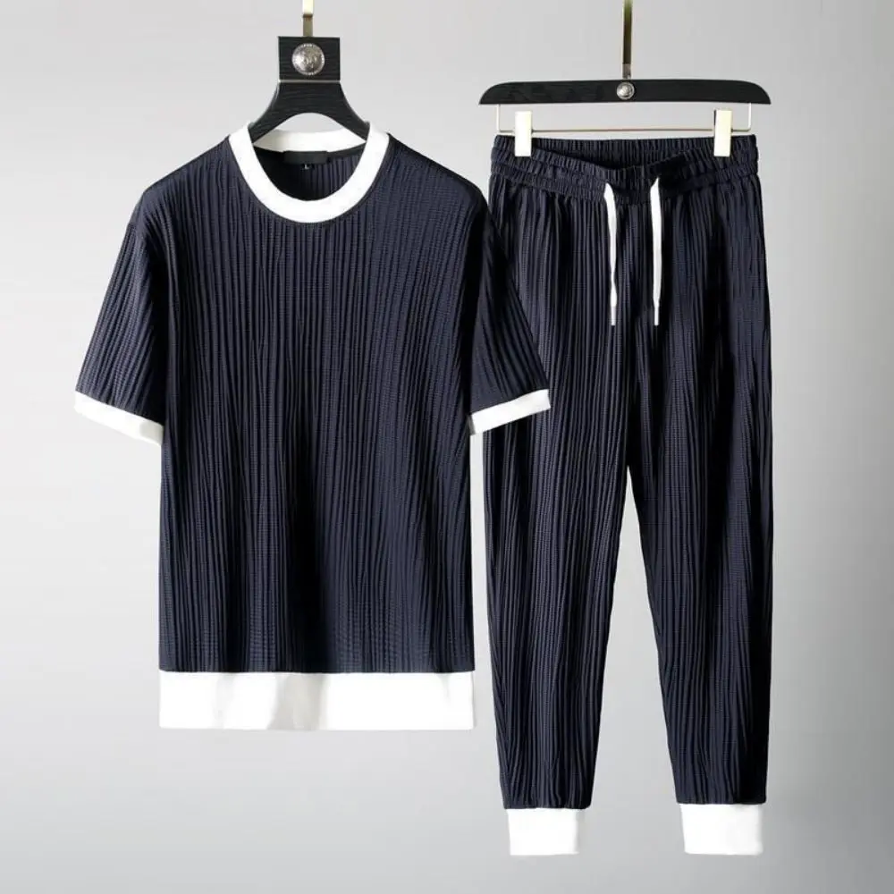 2023 New Summer T-Shirt Pants Ice Silk Suit Two Pieces Set Thin Casual Sports Suit Male Fashion Sweatpants Set Plus Size