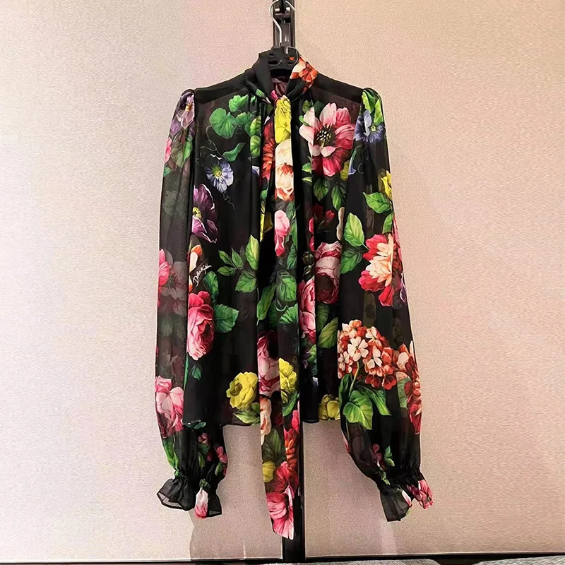 

Женская винтажная рубашка с цветочным принтом, Элегантная блузка из 2023 шелка с рукавом фонарик и круглым вырезом, модные повседневные свобо...