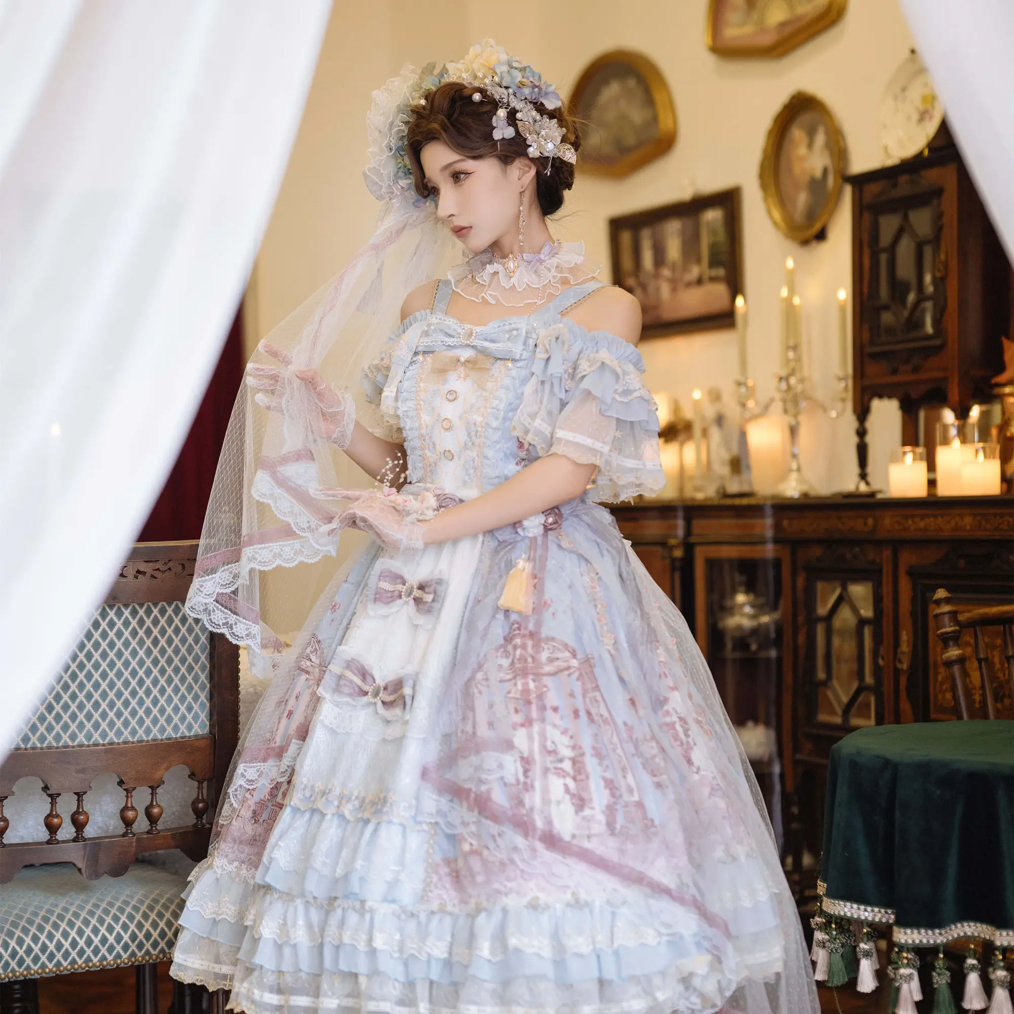 

Women Sweet Lace Floral Embroidery Princess Wedding Dresses Girls Cute Party Vestidos Victorian Retro Lolita Jsk Dress Japanese