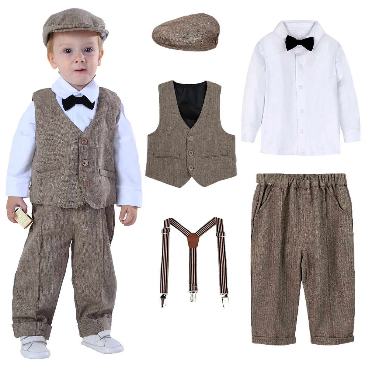 

Baby Formal Outfit Infant Suit Newborn Gentleman Long Sleeve Overalls Toddler Birthday Wedding Party Gift Costume 5pcs
