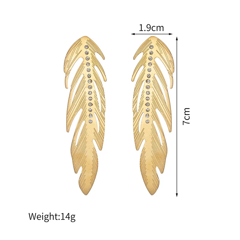 Женские серьги-гвоздики из нержавеющей стали с перьями и фианитами