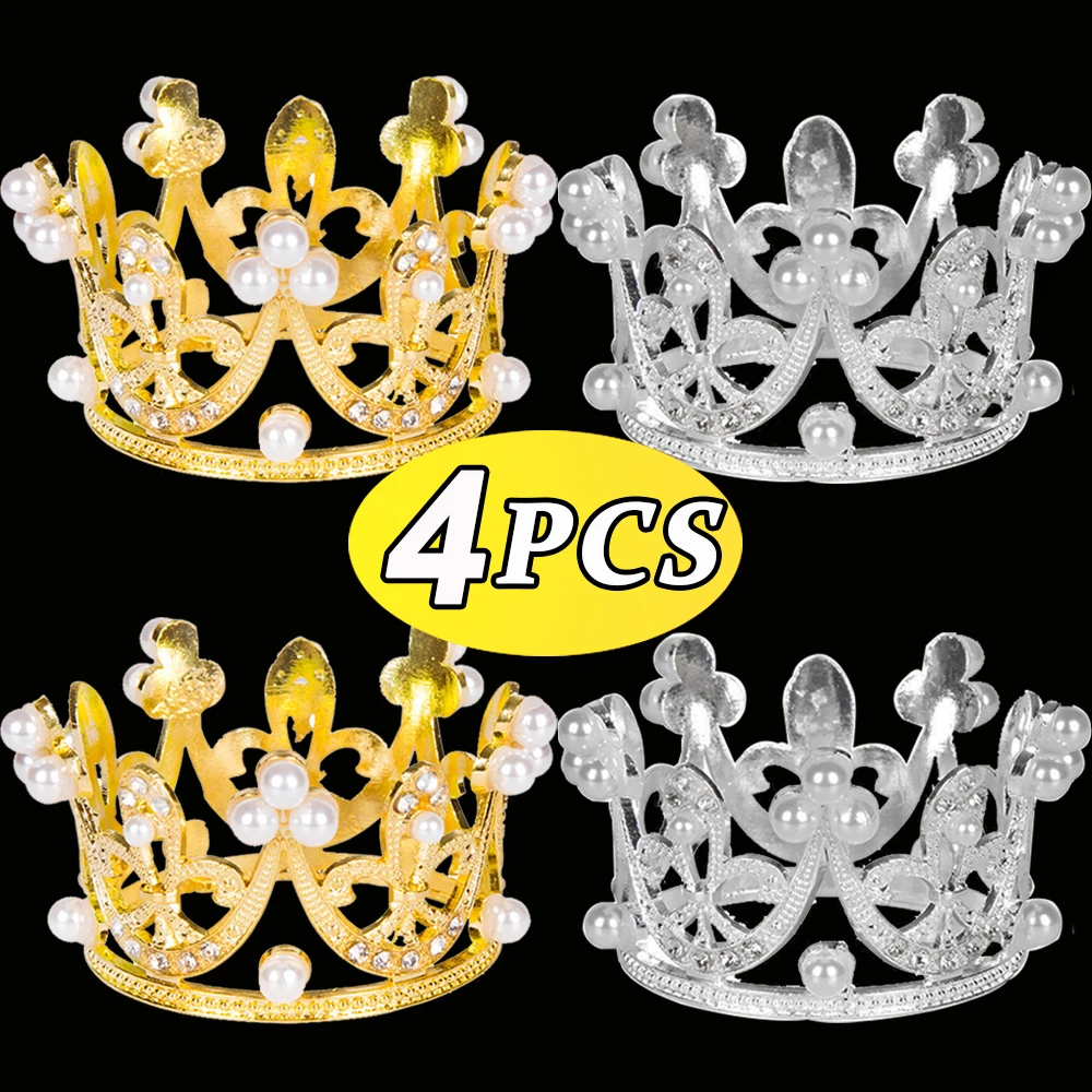 4/1Pcs Mini Crown Cupcake Topper Princess Pearl Tiara Children Hair Ornaments For DIY Wedding Birthday Party Cake Decor Supplies