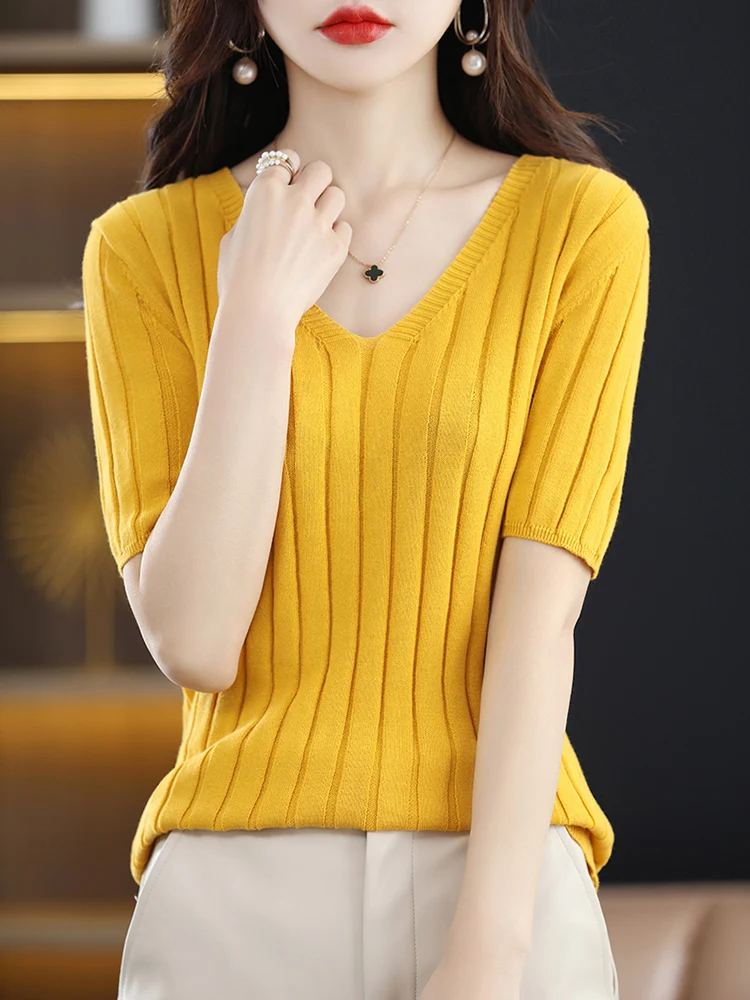 

Spring/Summer Thin New Cotton Short Sleeve Knitted T-shirt for Women V-neck Pullover Solid Pit Stripe Half Sleeve Striped Top