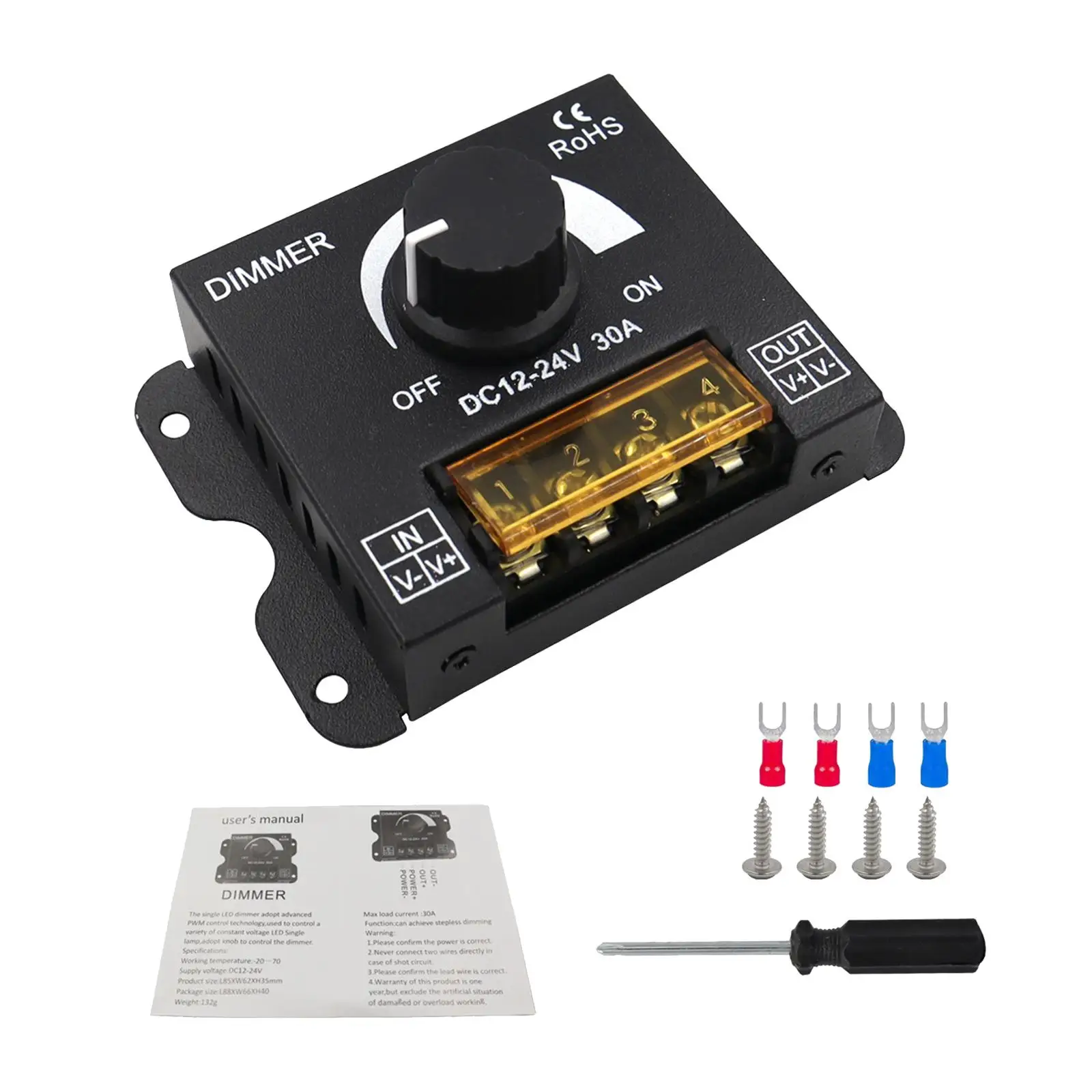 

LED Light Strip Dimmer DC 12V-24V 30A Professional Aluminum Housing for Single Color Light Ribbon PWM Dimming Controller