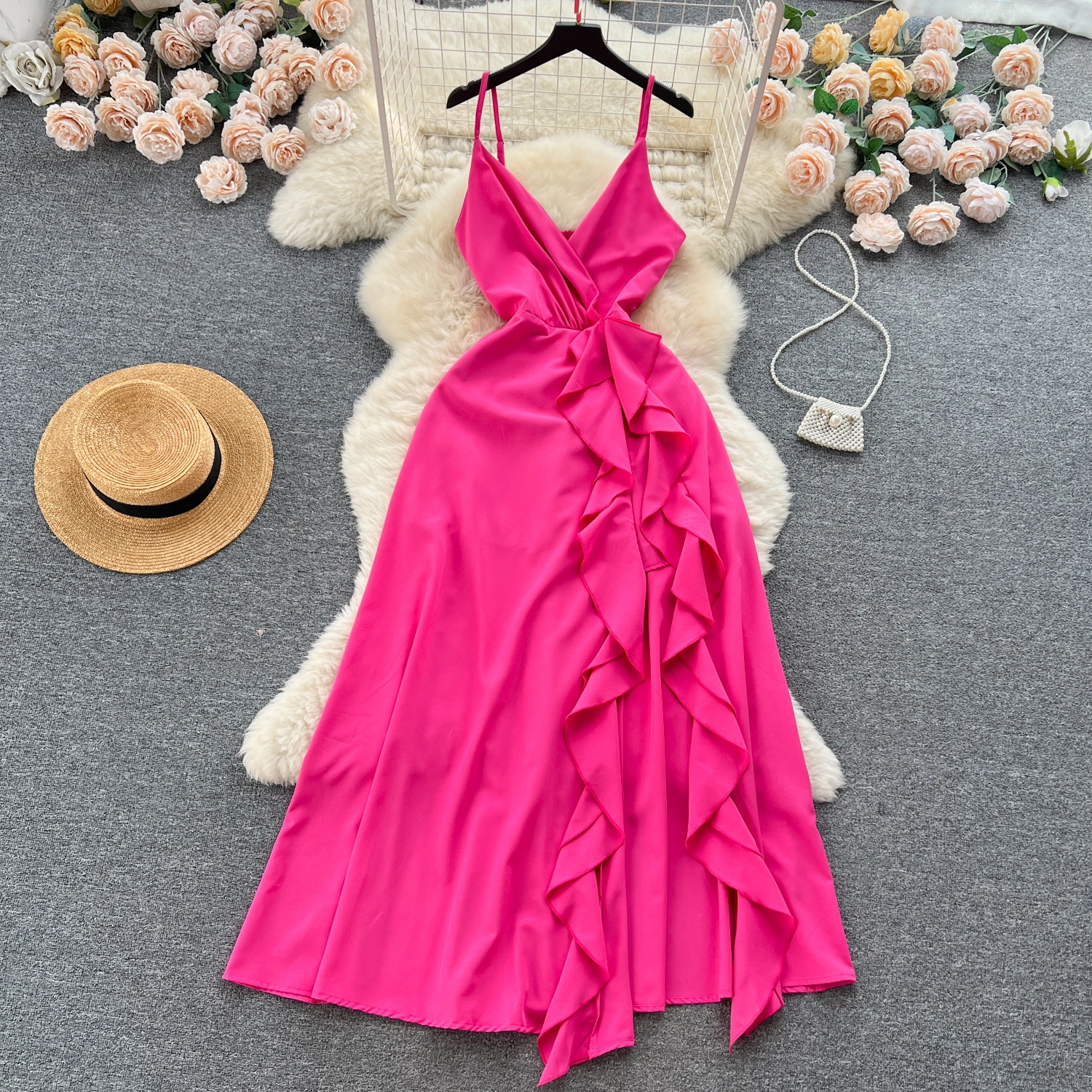 

Clothland Women Sexy Cami Dress Adjustable Straps Ruffles Zipper High Waist V Neck Sleeveless Backless Midi Dresses QC704