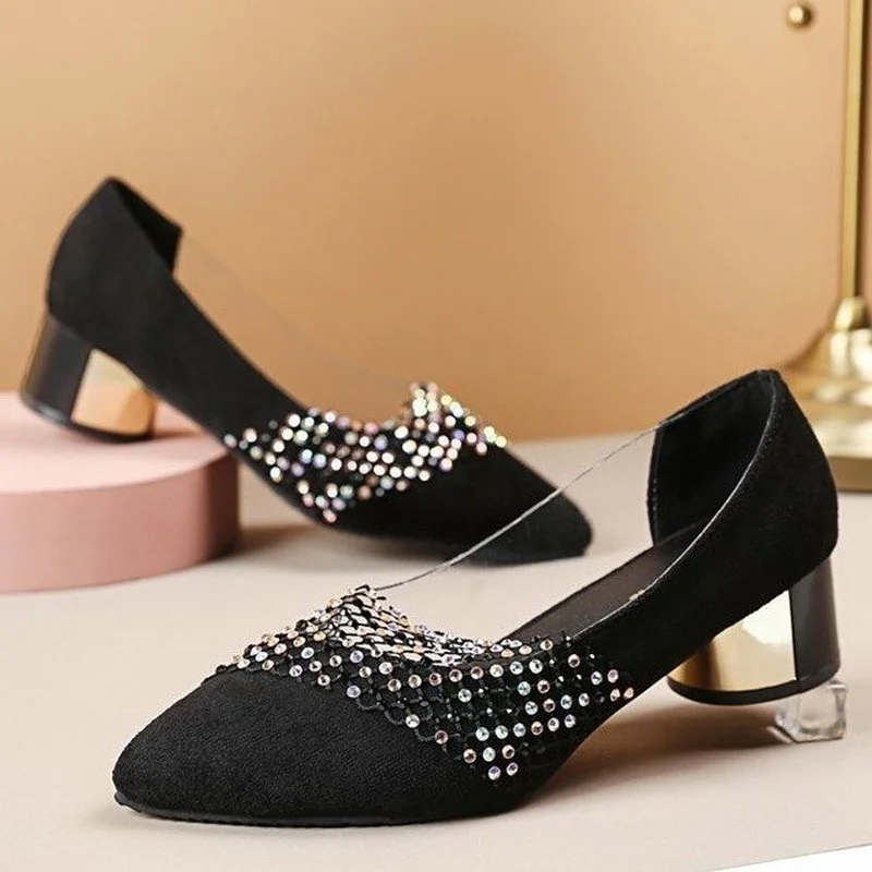 

Модные стразы с острым носком на высоком каблуке; Новинка 2022 года; Летние модельные свадебные туфли; Прозрачные туфли-лодочки из флока с кру...