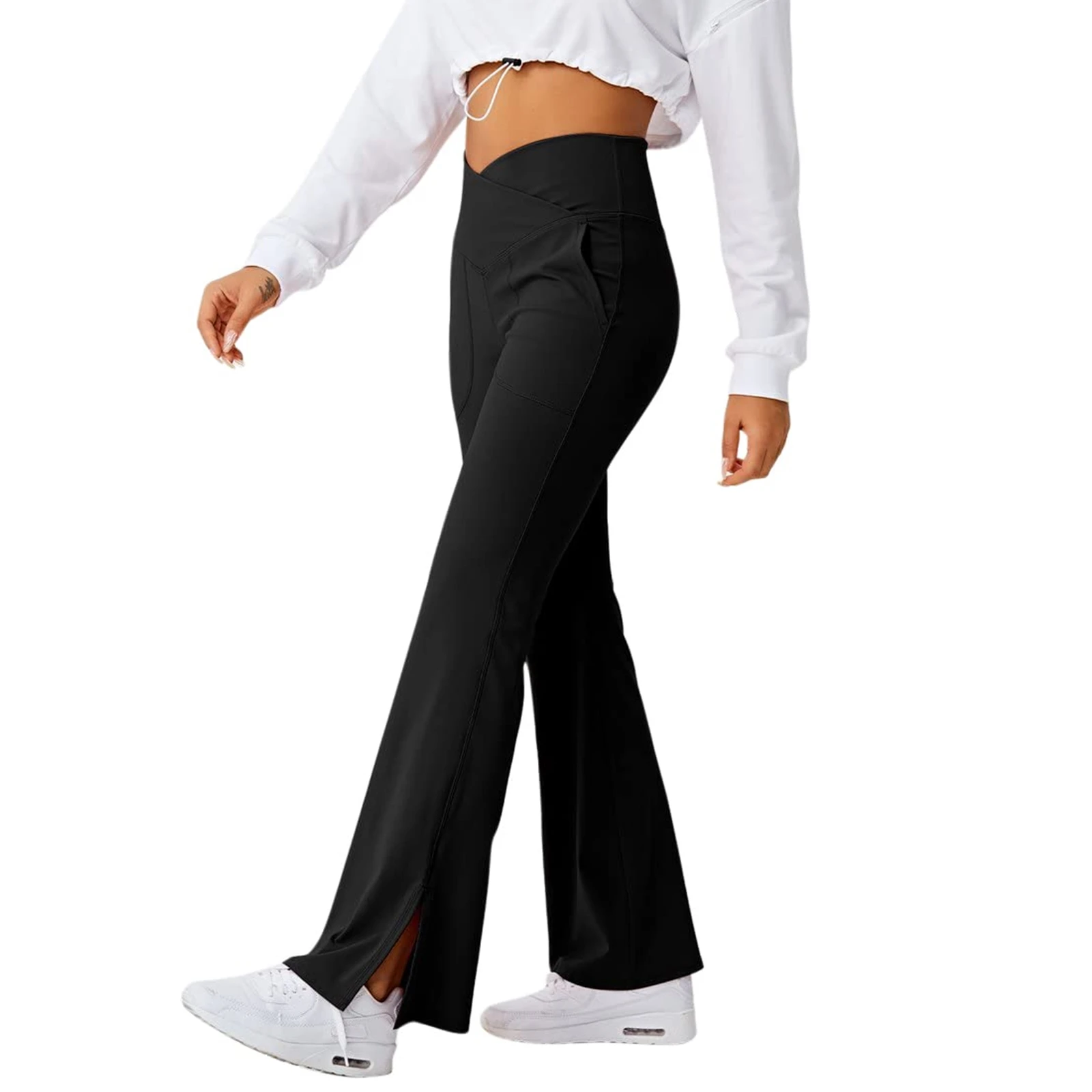 

Женские повседневные брюки-клеш для йоги, однотонные брюки с высокой талией и разрезом, с карманами, 2022