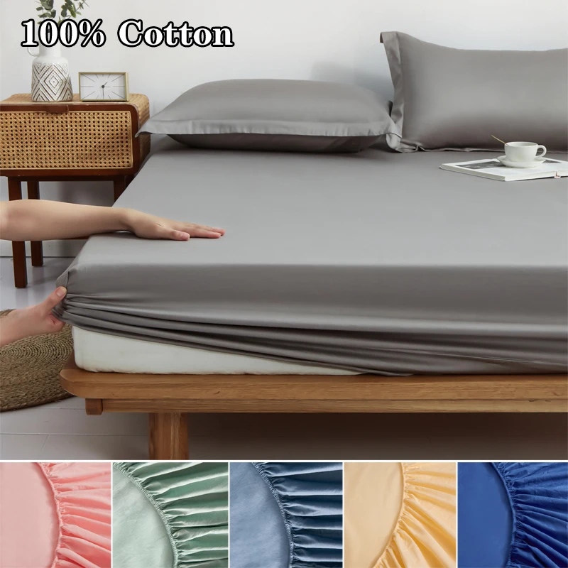 

100% Cotton Fitted Sheet with Elastic Bands Adjustable Bed Sheet Soft Mattress Covers for Beds Single Queen King Bed Linens