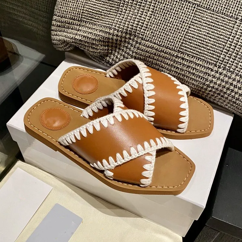 New Cross-Strap Square-Toe Sandals And Slippers For Women Open Toe Flat Roman Slippers