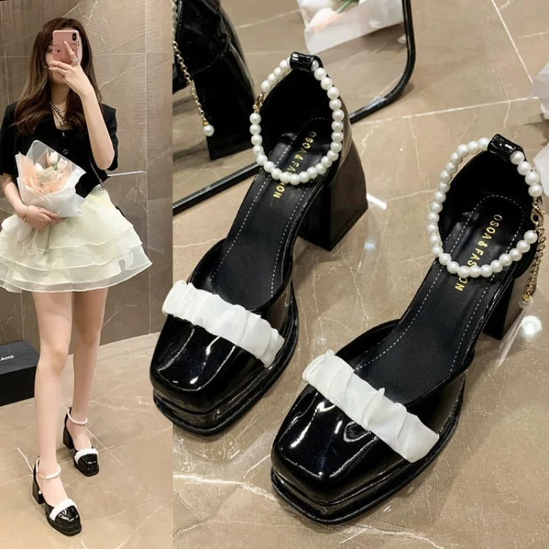 NewWomen Sexy High Heels Party Square Toe Pearl Sandals Ladies PU Fashion Platform Shallow Mouth No-slipPumps Women's high heels