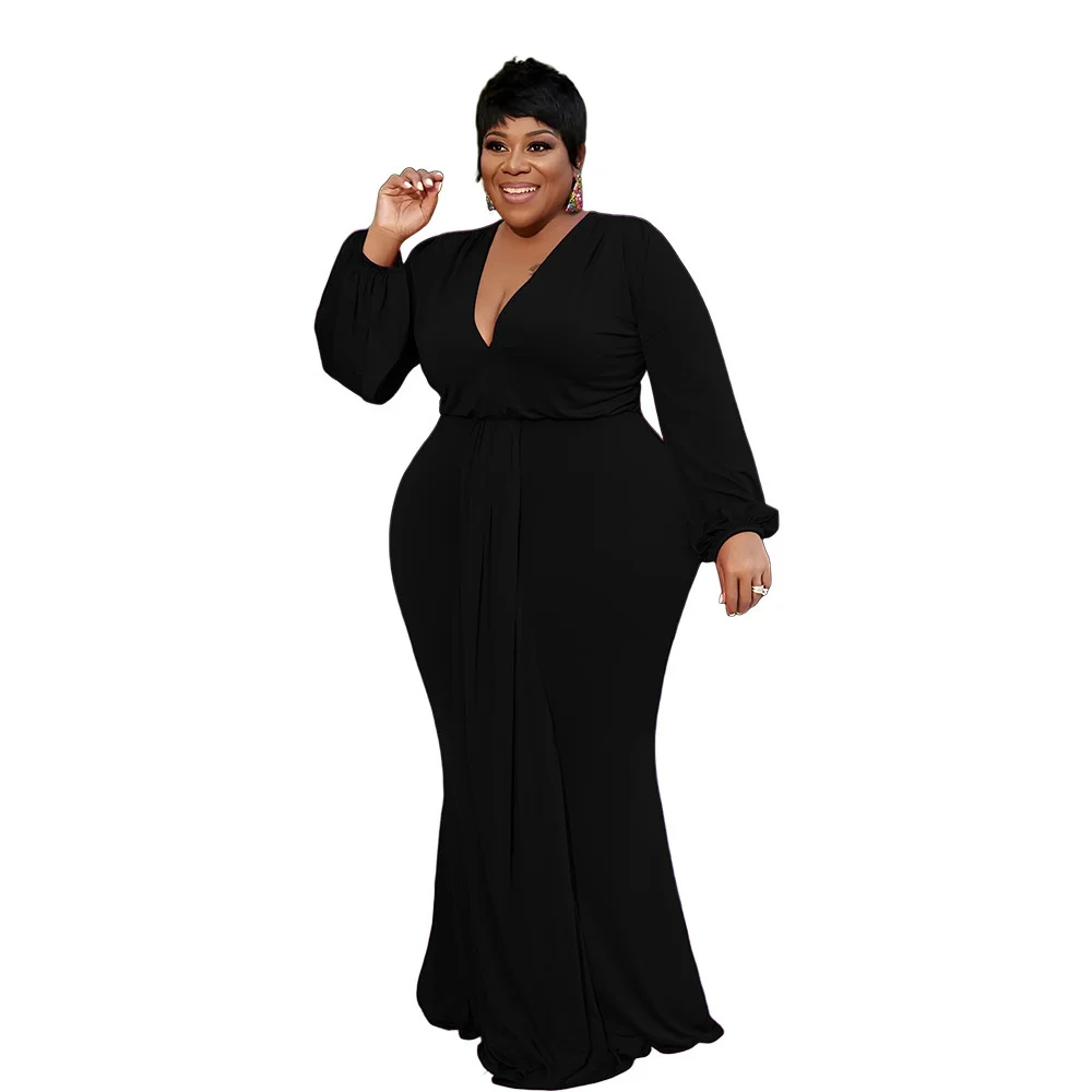 Plus Size Autumn Elegant Clothes Mermaid Maxi Long Dresses Women Solid Color Full Sleeve Dress Whol 3xl 4xl 5xl 6xl