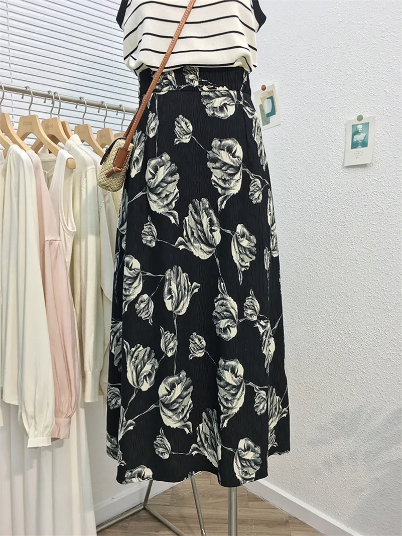 

Spring Chiffon Korean Women Vintage Floral Print Pleated Medium Length Breathable Elastic Waist Skirts Elegant Beach Vestidos