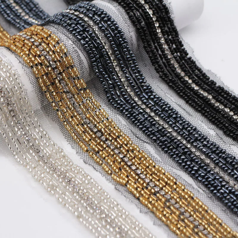 

170CM/Piece Handmade Pearl Beaded Ribbon Rhinestone Lace Fabric Trim Glitter Accessories Bridal 3D Beaded Pearl Lace