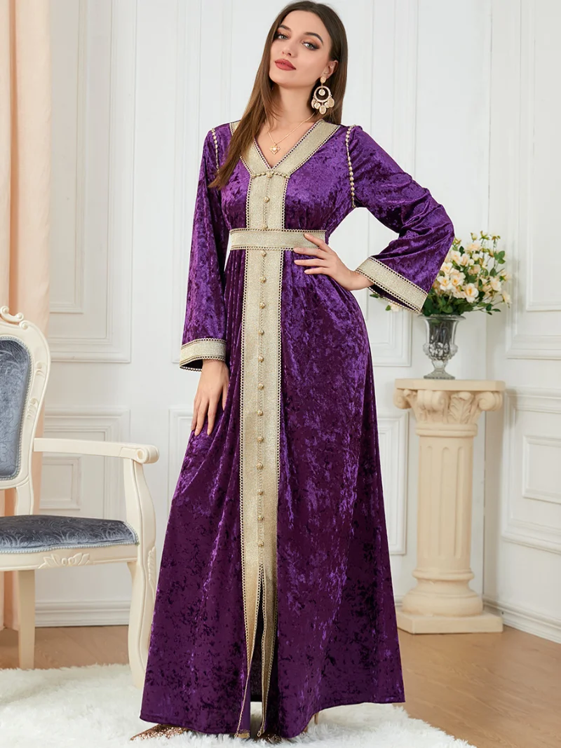 Dresses For Women 2022 Elegant Velvet Long Sleeve Dubai Turkey Muslim Maxi Dress Islam Abayas With Belt High-Quality