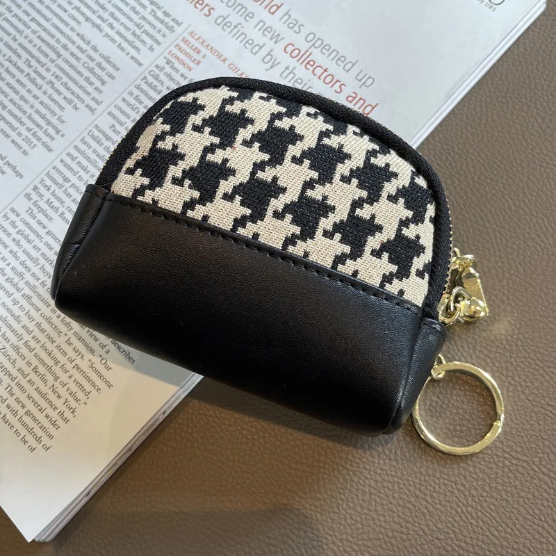 Two-tone Houndstooth Embroidery Coin Purse Mini Real Leather Women Wallets Shell Shape Short Purses Double-layer Card Holder