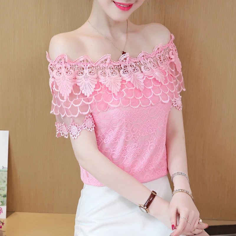 

Women Solid Sexy Slash Neck Chiffon Blouse Shirts New Short Sleeve Flowers Ladies Blusas Mujer