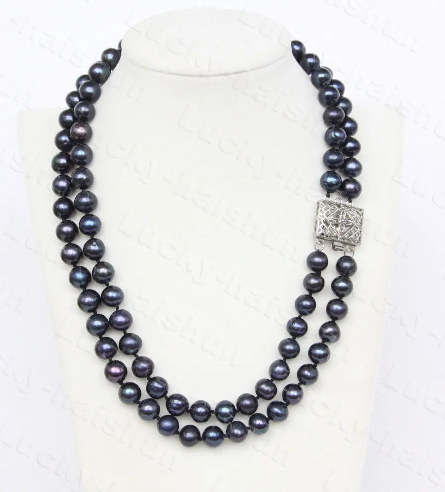 

JQHS Genuine 43cm 2row 10mm Round Black Pearls Necklace 18KGP Clasp C1228 Jewelry Chains