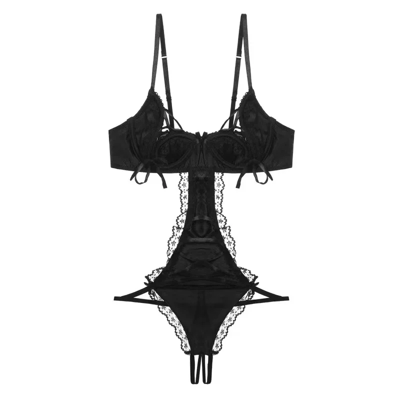 Sexy bra and panty set beauty eyelashes lace one-piece pajamas women's court bralette suit with steel ring small chest gathered