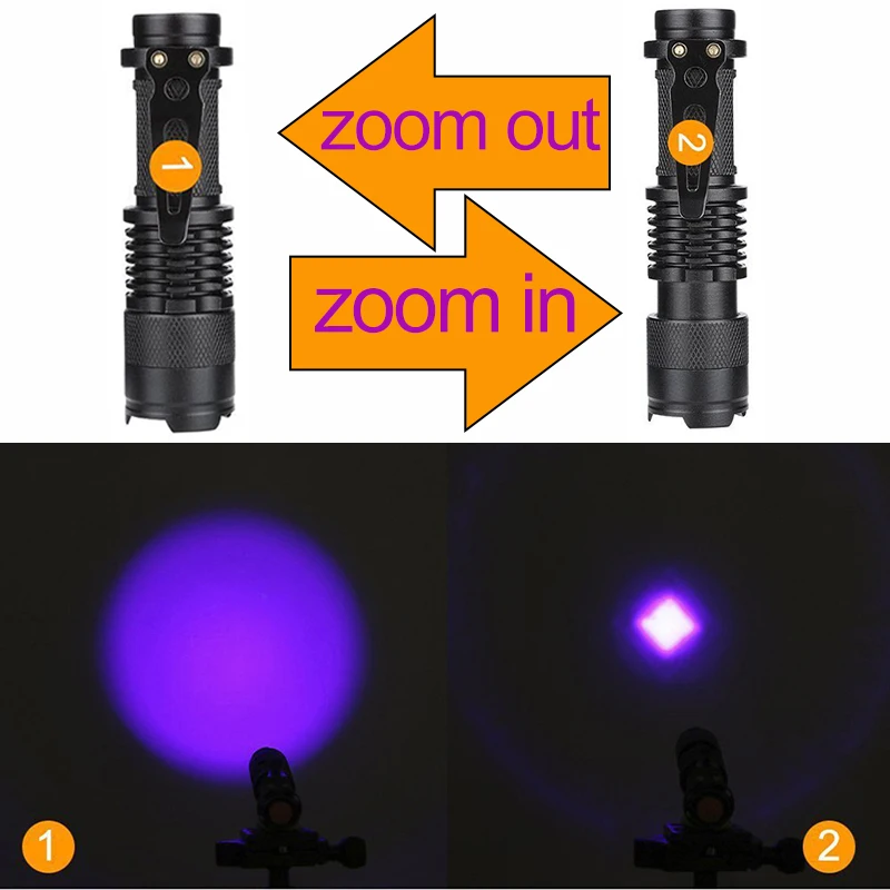 

UV Led Flashlight Portable torch Mini Rechargeable Zoom Hand flash Female hygiene Pet Urine Stains Detector use 14500 battery
