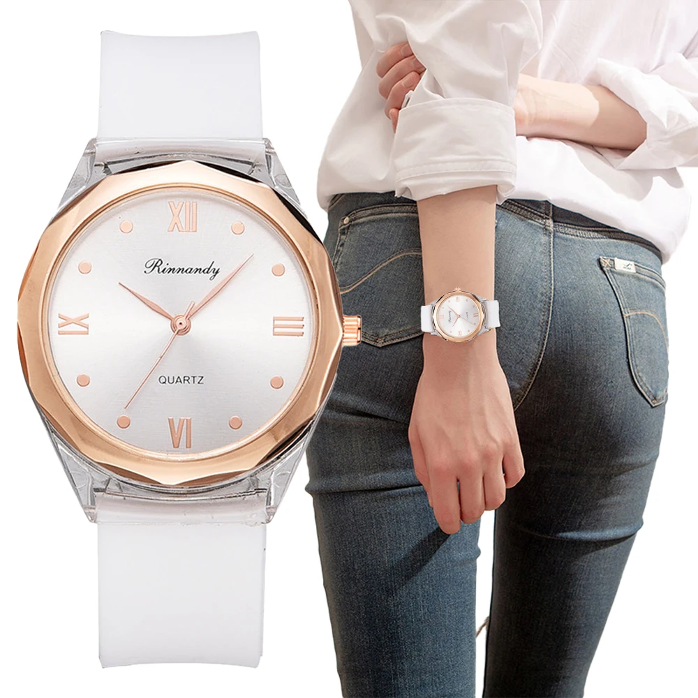 

Simple Fashion Women Watches Watches Casual Silicone Strap Transparent Plastic White Ladies Dress Wristwatches Rome Dial Quartz