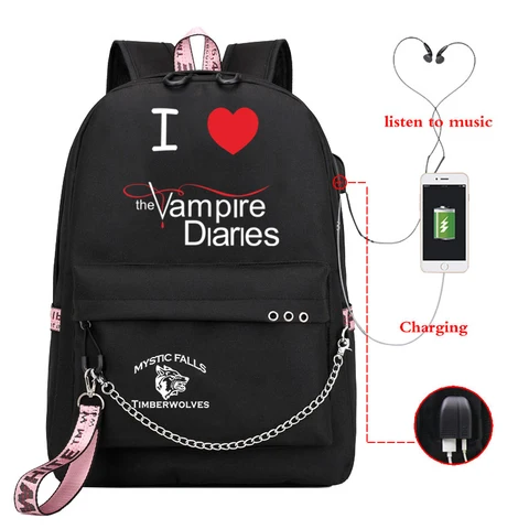 Я люблю дневники вампира, школьные сумки для студентов, рюкзак унисекс с зарядкой через USB, сумка для книг для мальчиков и девочек, дорожный рюкзак для ноутбука, уличная сумка