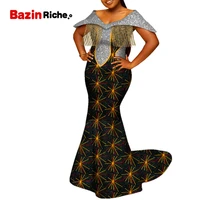african dresses for women v necklace gold fringe trim decoration floor length dashiki print lady wedding party clothing wy9889