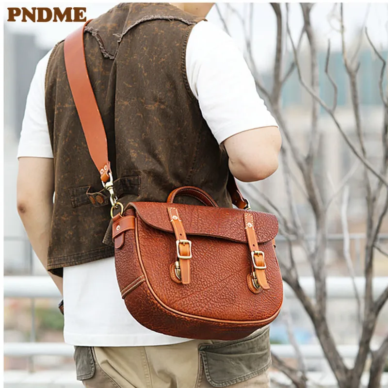 PNDME fashion outdoor travel genuine leather men's messenger bag designer organizer luxury first layer cowhide shoulder bag