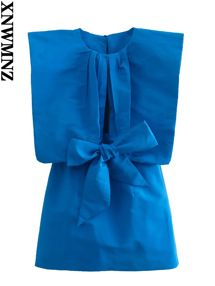 

XNWMNZ 2022 Summer Women Fashion Loose Top Dress Party Style Round Neck Wide Armholes Pleated Lace Up Female Chic Short Dress