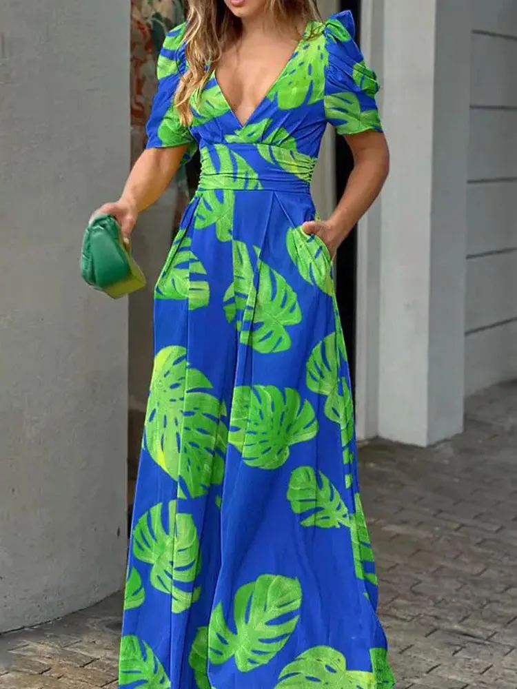 

Летний комбинезон с V-образным вырезом и пышными рукавами, с карманами, с широкими штанинами, длинные брюки, богемный комбинезон, Комбинезон...