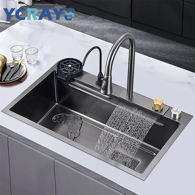 

YCRAYS Grey Nano Kitchen Sink 304 Stainless Steel Multifuctional Smart Basin Hot Cold Waterfall Faucet Cup Washer Purified Tap