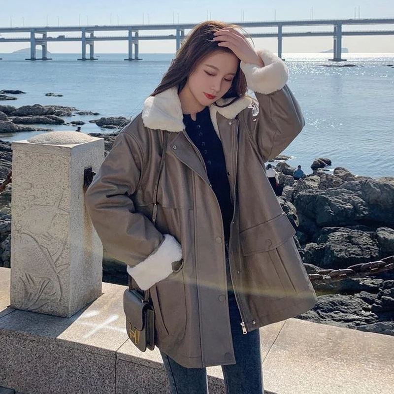 Autumn and Winter Jacket New Style Plush Leather Jacket Women's Mid-length Black Thick Motorcycle Jacket Waist Loose Coat Women