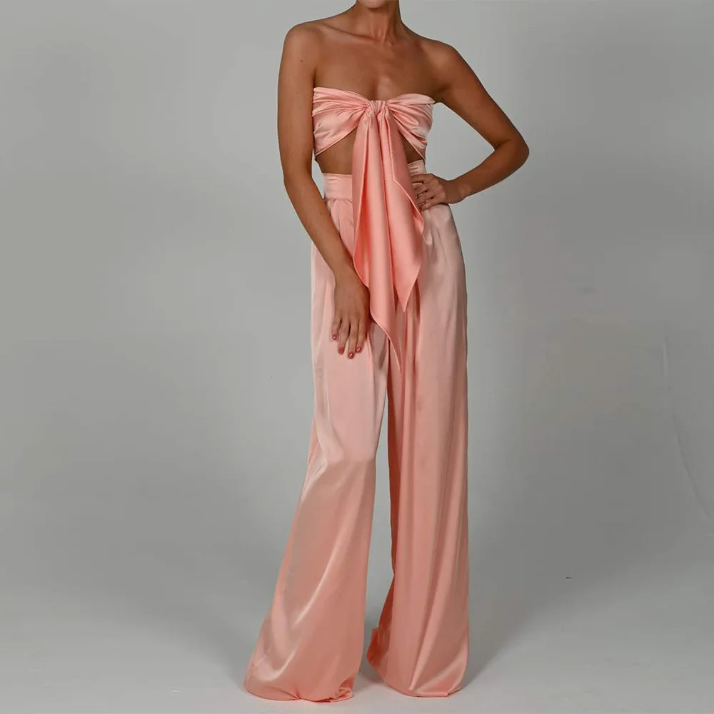 

Лето 2021, топ с двойным шелковым бантом и высокой талией, на шнуровке, костюм из двух предметов свободного кроя, праздничная повседневная оде...