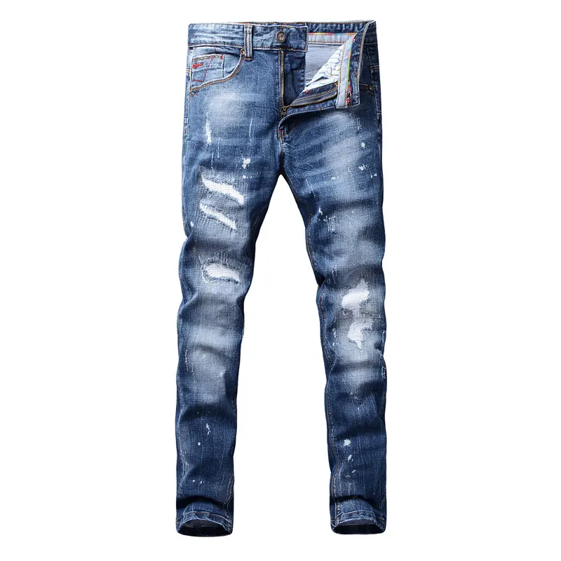 Fashion Designer Men Jeans Retro Blue Slim Fit Stretch Paint Ripped Jeans Men Trousers Patched Vintage Casual Denim Pants Hombre