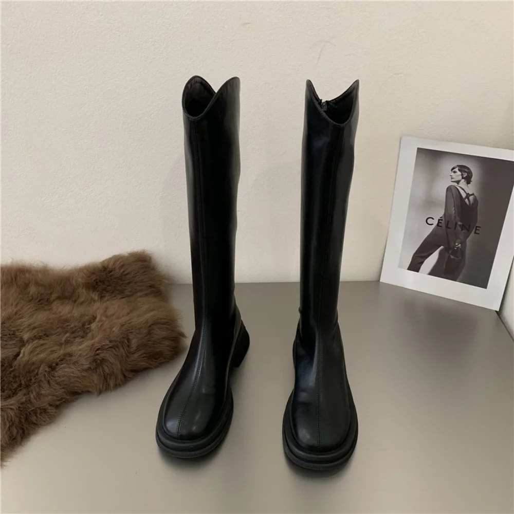 New Luxury Chelsea Boots Women's Knee Boots Autumn PU Leather Female Shoes Low Heel Ankle Boots Slip On Chunky Boots For Woman