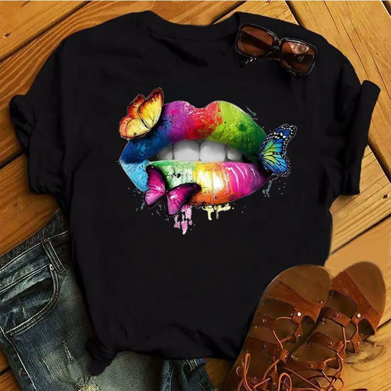 

Heart Flower Print Womens T-shirt Ladies Casual Basis O-collar Black Top Short Sleeve Ladies T-shirt Love Polyester Material 6xl