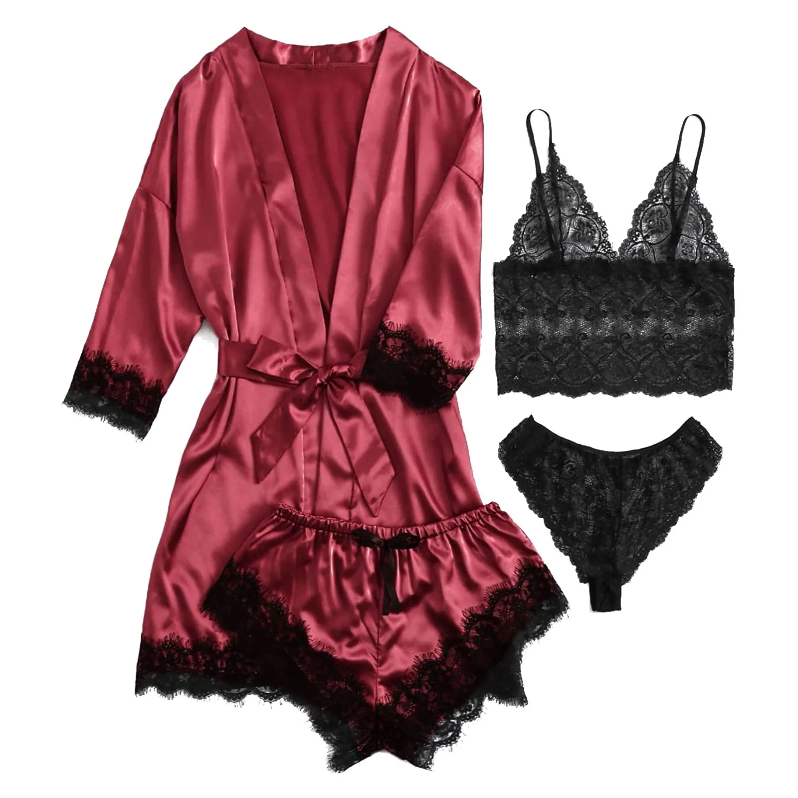 

4-Piece Women Sexy Garter Lingerie Set Robes Lace Bodysuit Deep-V Neck Underwear Night Wears For Women Women'S Summer Pajamas