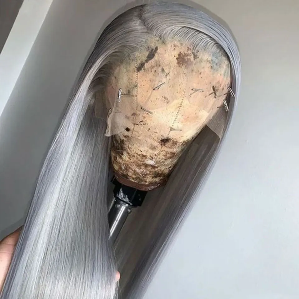 26 inch Ash Gray Straight HD Lace Mixed Human Hair Blend Synthetic Wig Pre Plucked With Baby Hair 13x4 Lace Front Wig For  Women