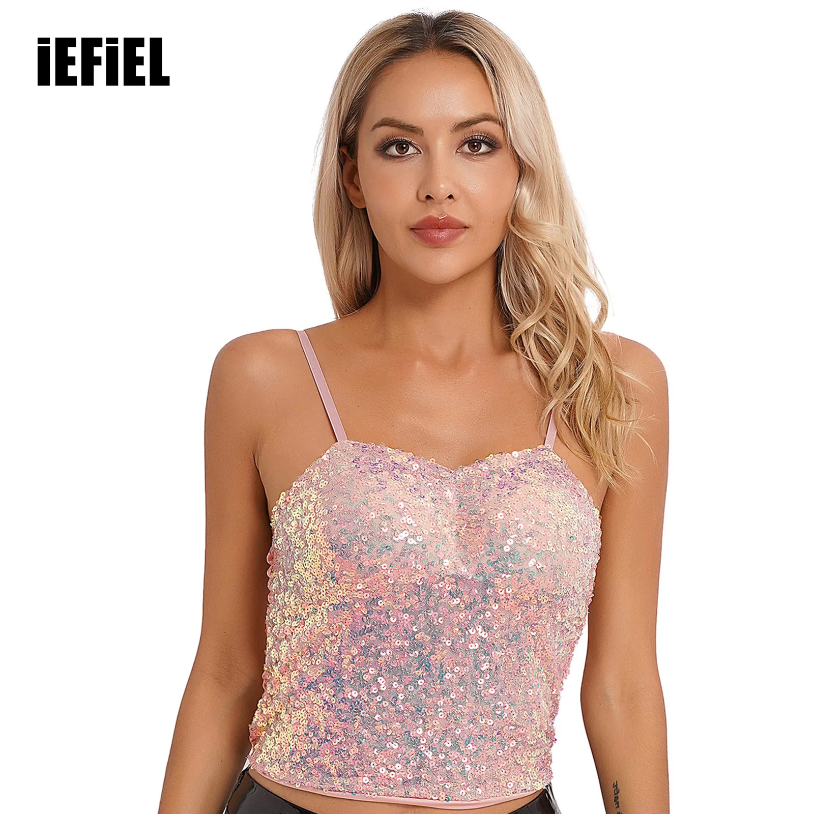 

Sequins Camisoles Sexy Women Fashion Elastic Shirring Back Crop Top Adjustable Spaghetti Straps Padded Vest Tops Clubwear