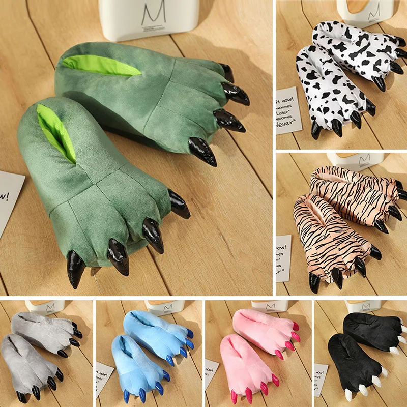 

Хлопковые детские тапочки с мультяшными лапами, зимние домашние тапочки для мужчин и женщин с милыми животными, динозаврами, коровьими полами, плюшевые тапочки для детей, 2024