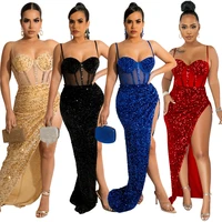 sexy gold blue sequin prom dresses 2022 for black girls high slit sparkly glitter african evening dress ceremony formal party