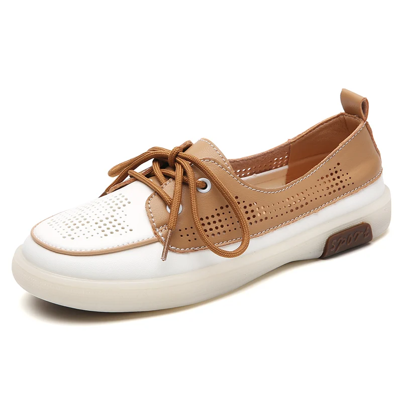

03 Summer Hollow Out Large Size Women's Shoes with Low Upper and Middle Mouth Leather Lace-up Soft Casual Flat Small White Shoes