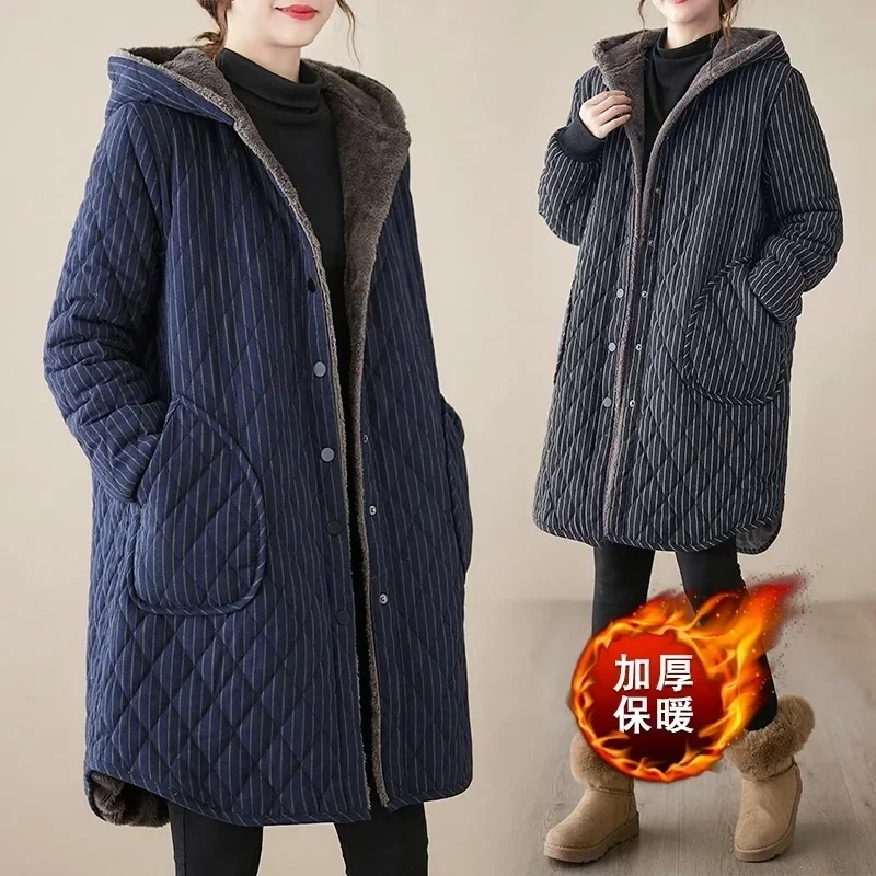 Повседневные зимние куртки 2023 стеганые утепленные пальто в полоску с капюшоном