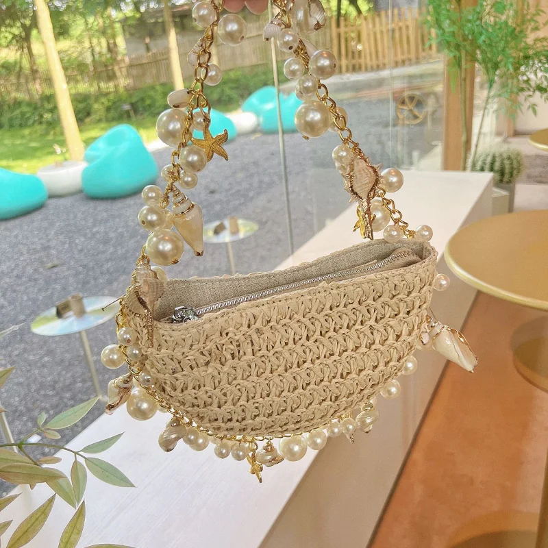Handmade Woven Half Moon Straw Bag Designer Pearl Starfish Handbag Summer Bohemian Holiday Beach Bag Female Shoulder Bag