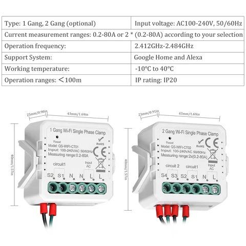 KKMOON Tuya Wi-Fi счетчик энергии 1/2 Gang 80A однофазный зажим солнечный PV двунаправленный двухсторонний трансформатор тока с управлением через приложение
