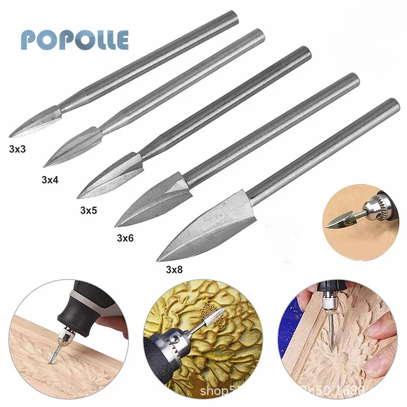 

White Steel Three-edged Milling Cutter 3mm Handle 3-8mm Pointed Carving Knife Tool Wood Carving Knife Woodworking Tool