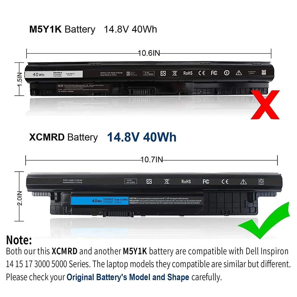 Фото XCMRD 40Wh литий-ионный аккумулятор 14.8V, совмест***й с Dell Inspiron 14R 14 17 17R 15 15R 3000 5000 3521 3543 3421 5721 5537 17-3721 15-3537 3521 5537 5521 N121Y Y1G4M.  312-1387 XRDW2 YGMTN, широта 3440 3540 №2