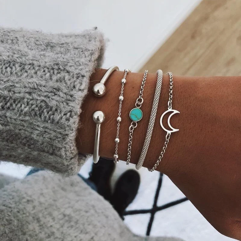 

Fashion Geometric Stone Charm Bracelet Set For Women Retro Silver Color Moon Wrist Chain Open Bangle Lady Trendy Boho Jewelry