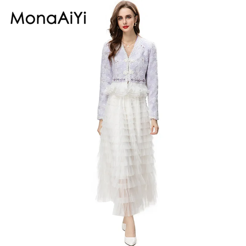 Женский костюм с вышивкой MonaAiYi дизайнерский фиолетовый топ V-образным вырезом