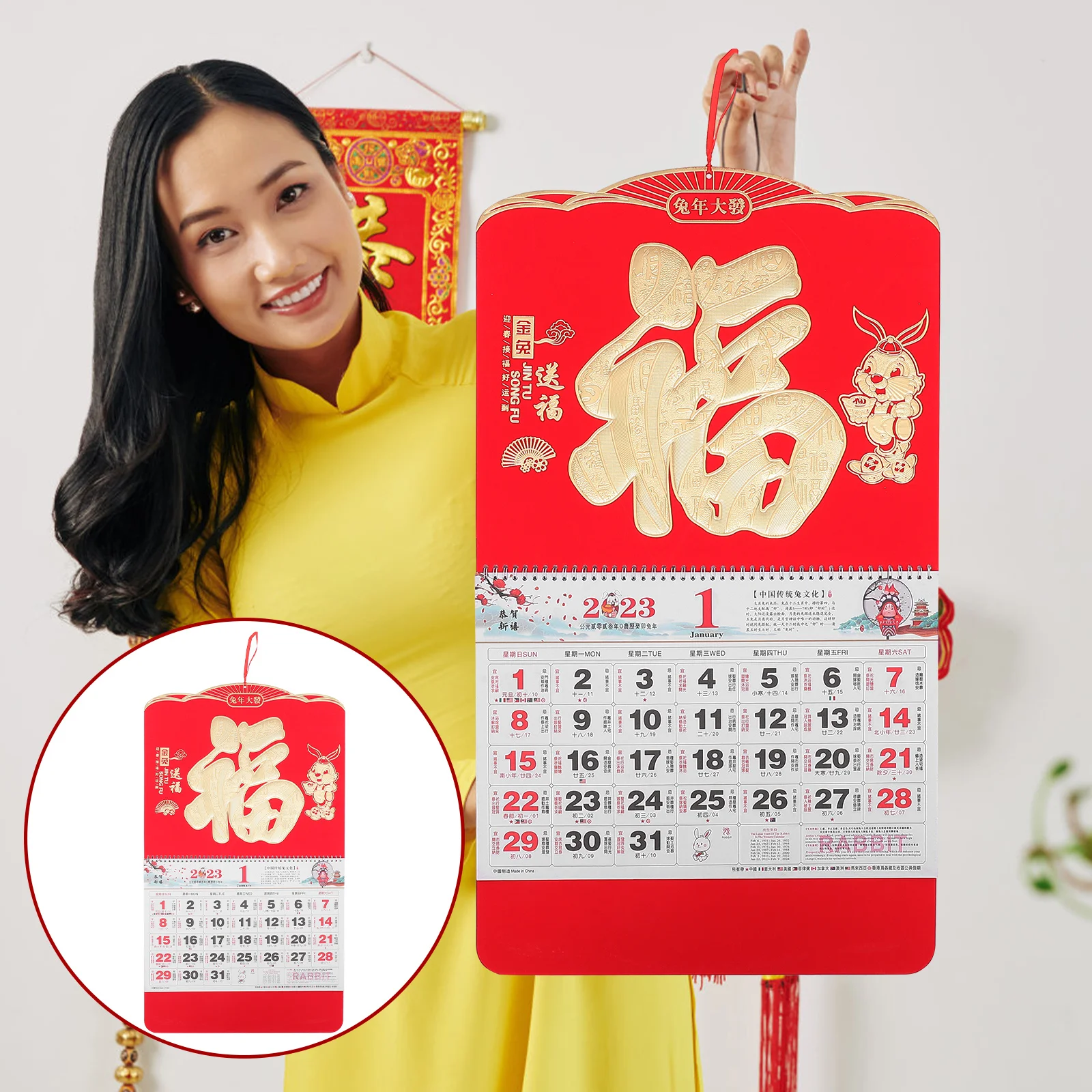 

Календарь Настенный китайский год лунный кролик календари подвесные традиционные ежедневные зодиаки Новый Кролик месячный год Декор 2023